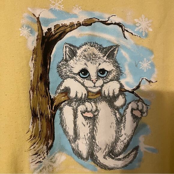 Vtg Pastel Yellow Kitty Cat Tree Granny Core Coastal Grandma Sweatshirt L - Picture 3 of 4